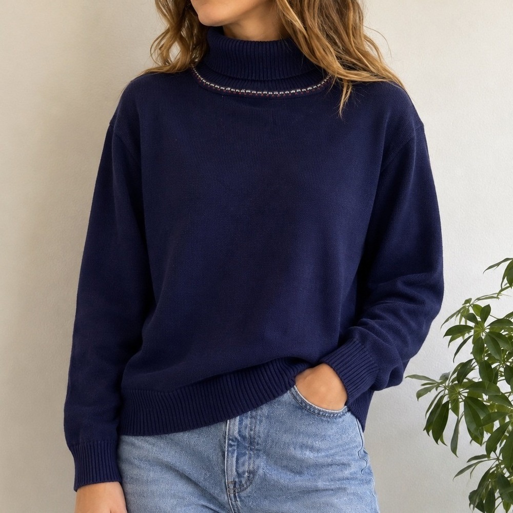 Vintage 90s LL Bean Navy Blue 100% Cotton Turtleneck Sweater XL Embroidered Trim
